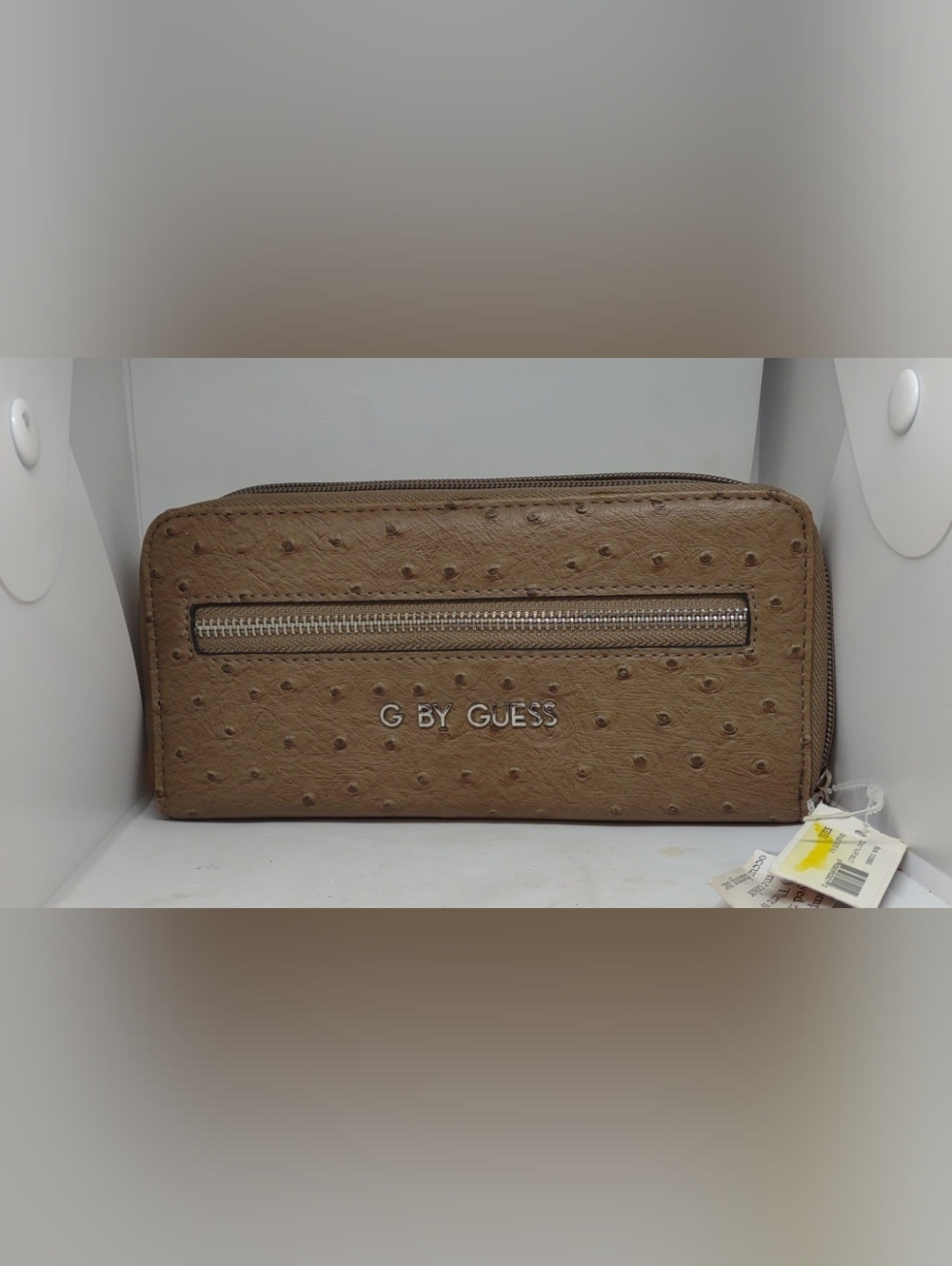 G by Guess Tan Brown & Yellow Faux Ostrich Embossed 8" Zipper Wallet  Brand: GUE